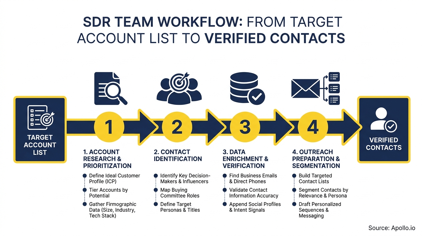 A four-step workflow diagram illustrates the process from a target account list to verified contacts.