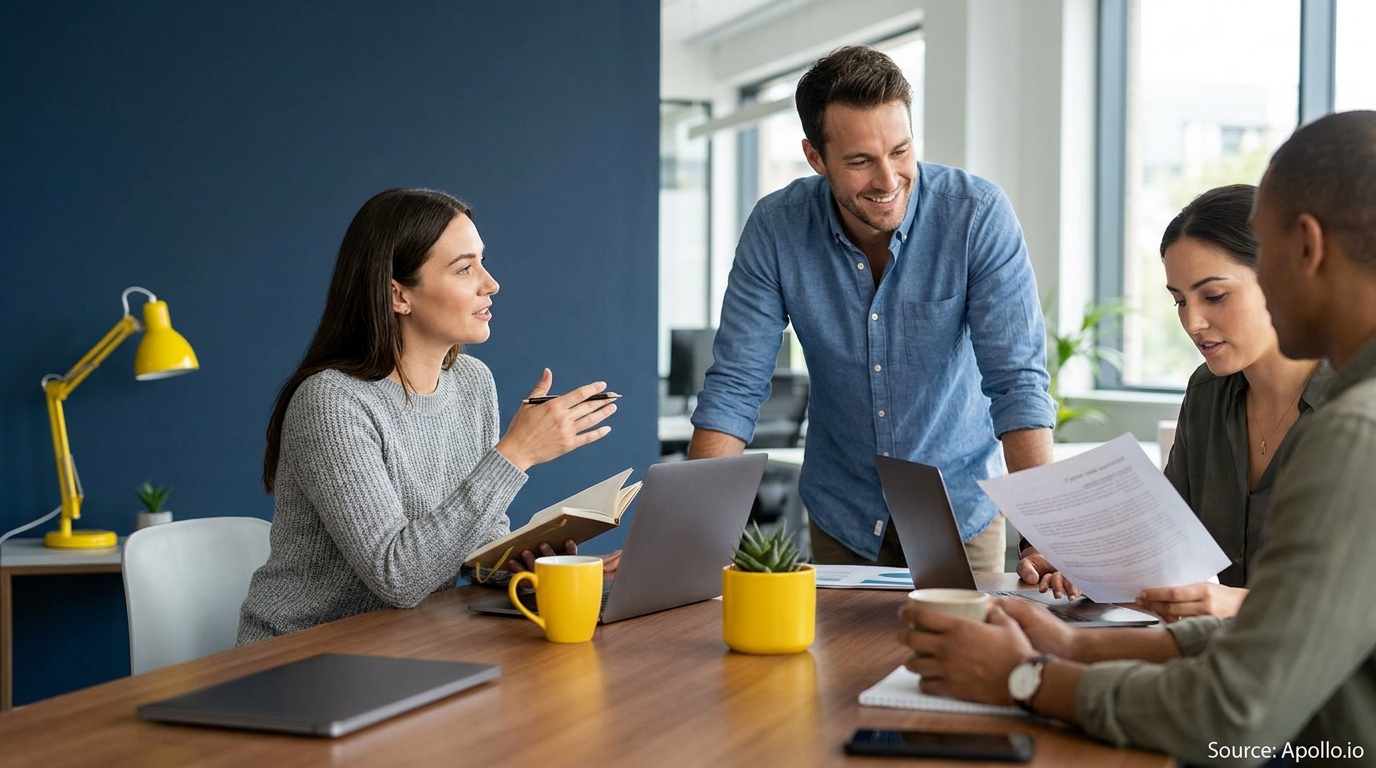 Four professionals discuss work at a modern office table with laptops and papers.