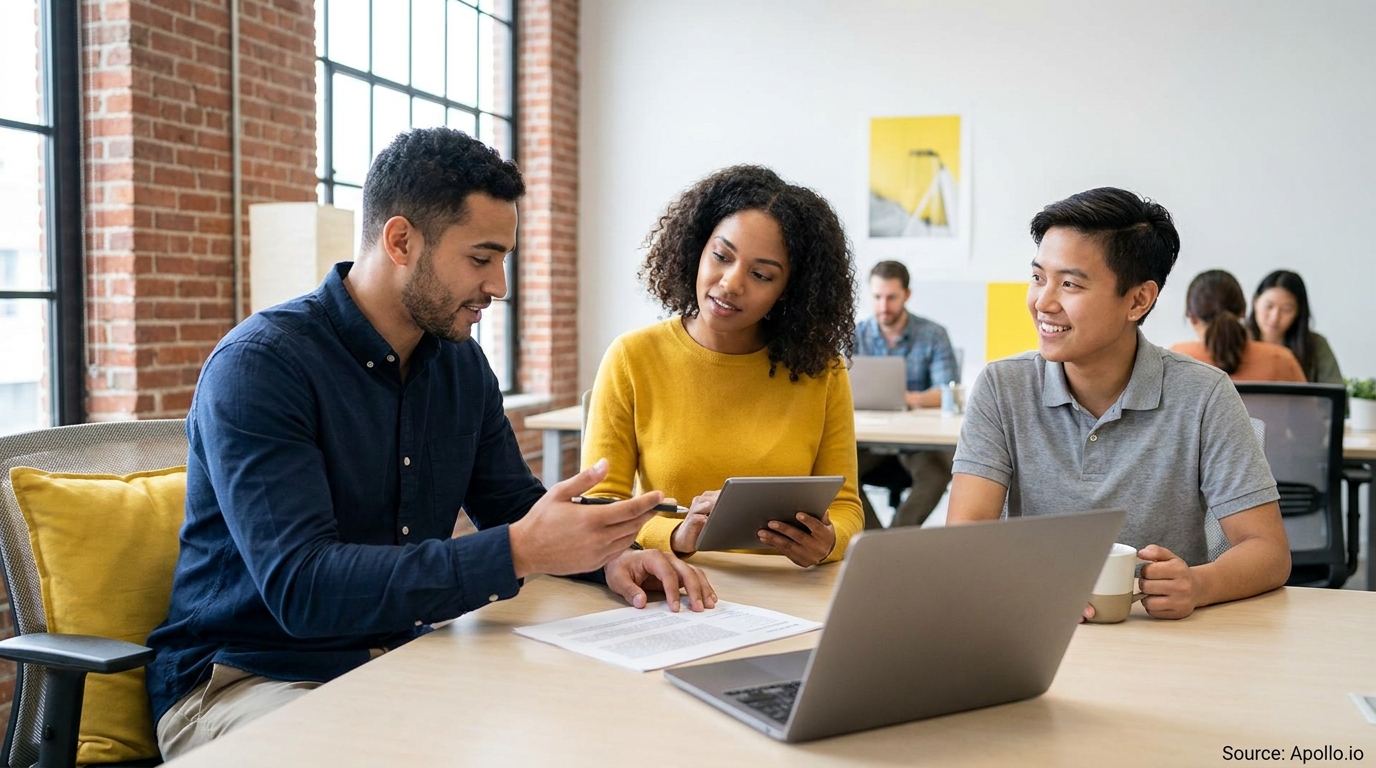 Three colleagues review documents and a tablet at a light wood table in a modern office.