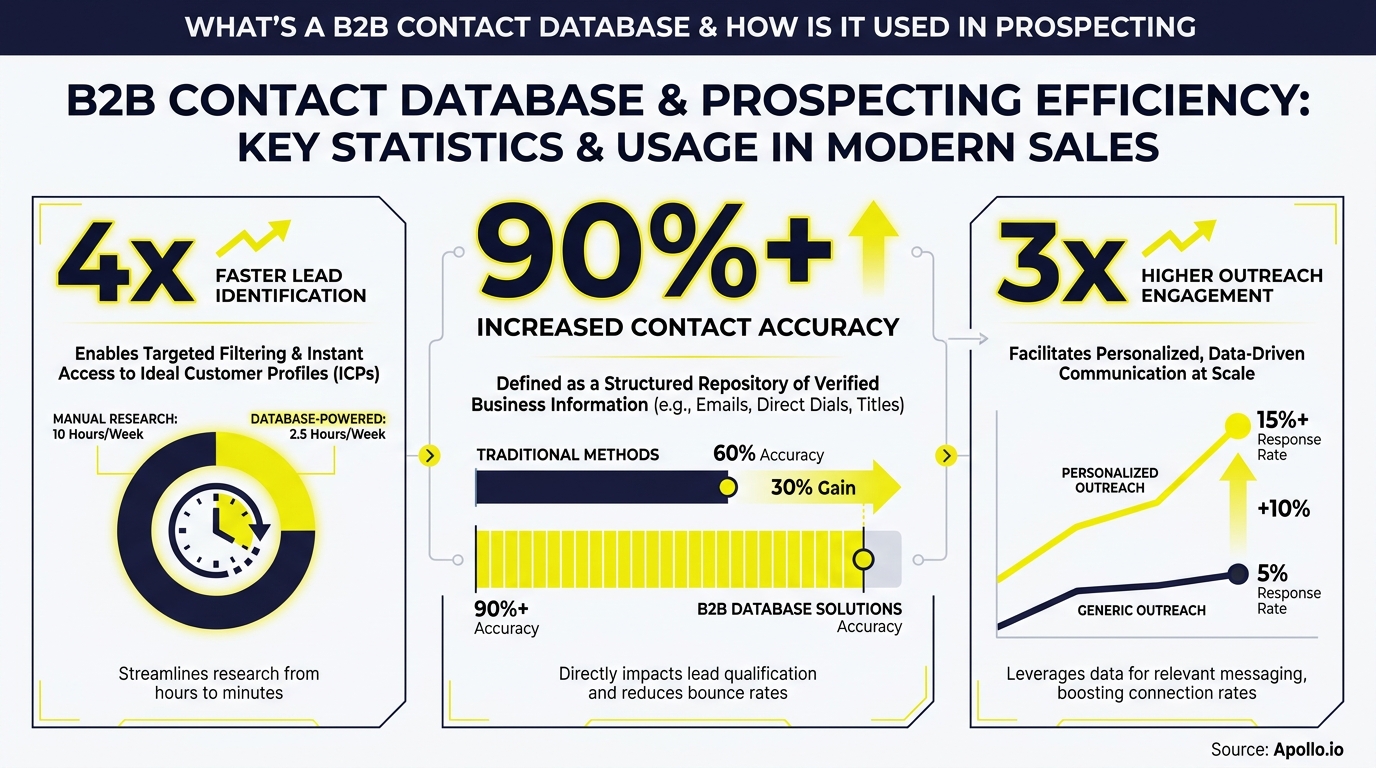 Infographic with charts and statistics illustrating B2B contact database benefits for sales prospecting.