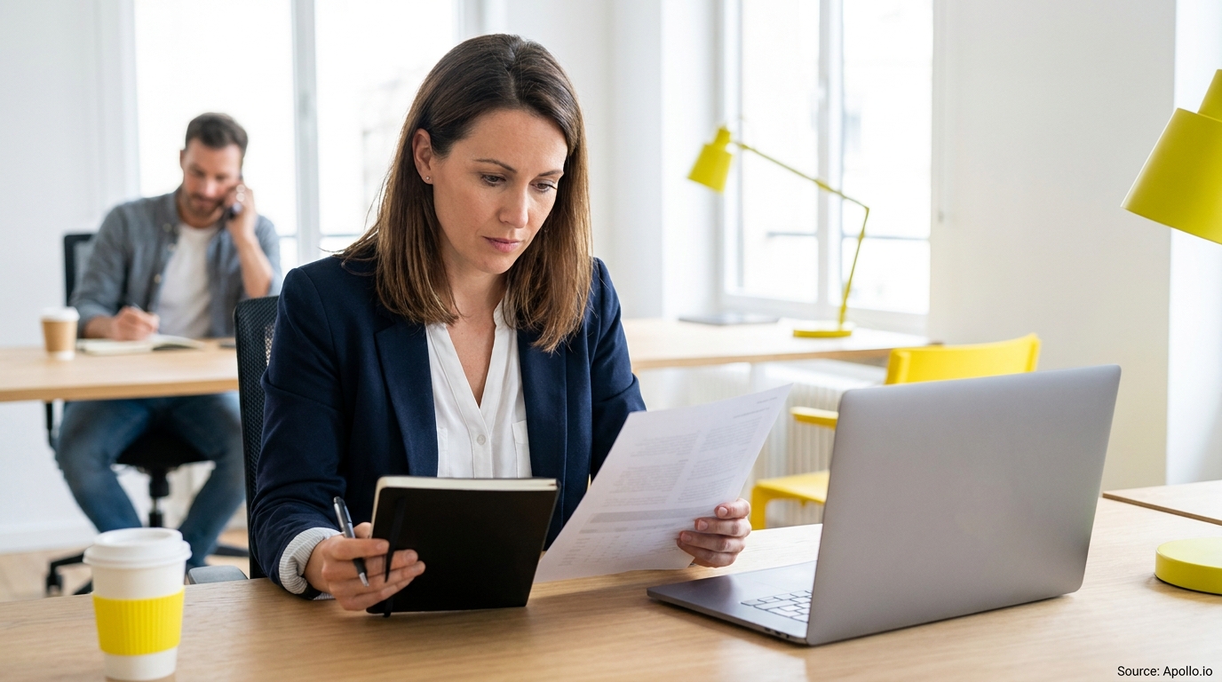 Two professionals work in a bright office; a woman reviews documents, a man writes while on the phone.
