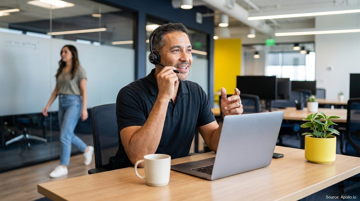 A man on a headset and laptop gestures in a bright office with a woman walking in the background.