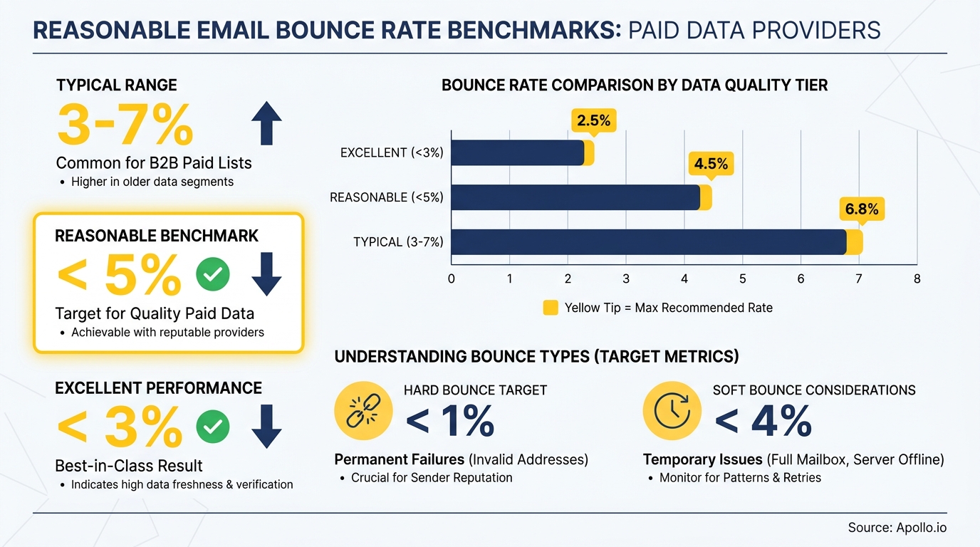 Infographic showing email bounce rate benchmarks, data quality tiers, and bounce types with target percentages.