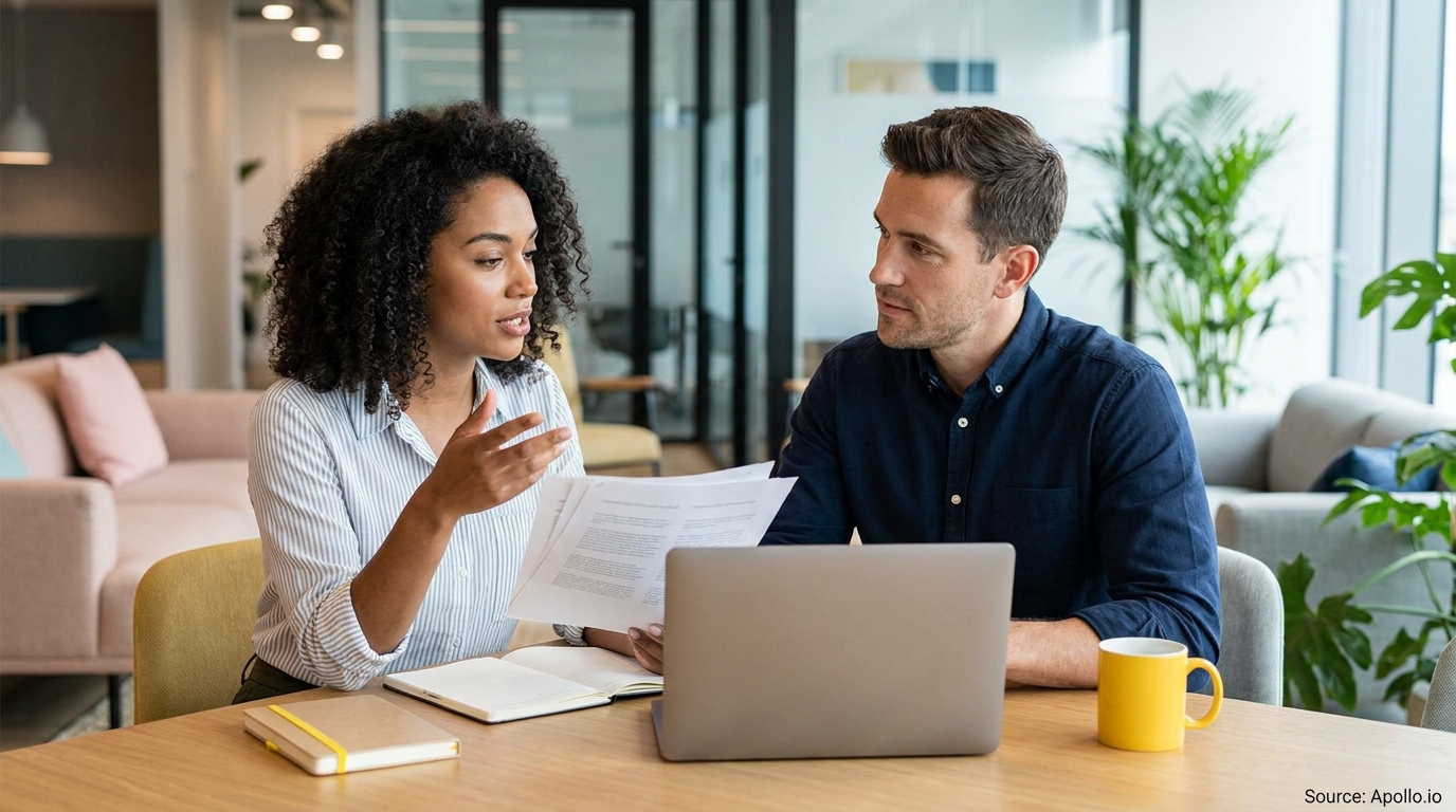A woman explains documents to a man at a modern office desk with a laptop.