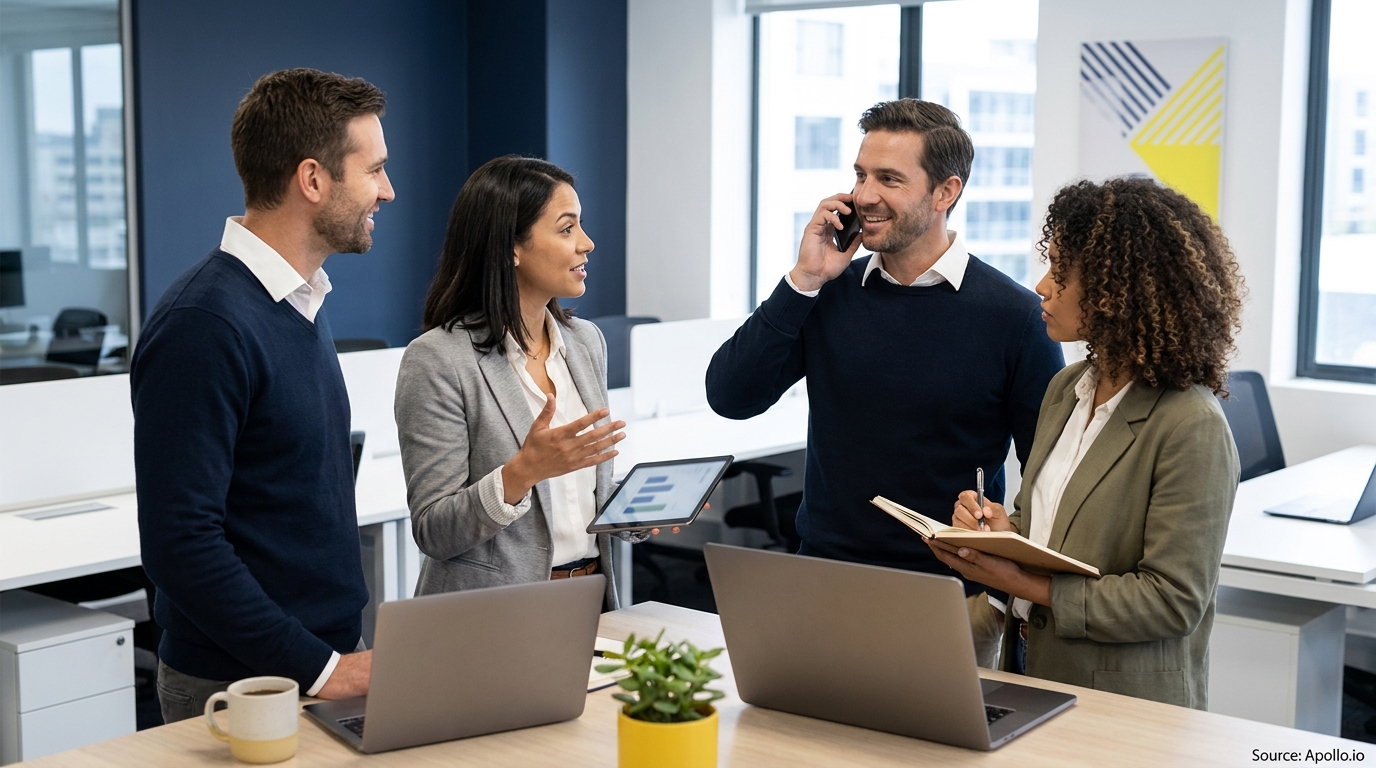 Four professionals collaborate in an office, one on a call, another showing a tablet.