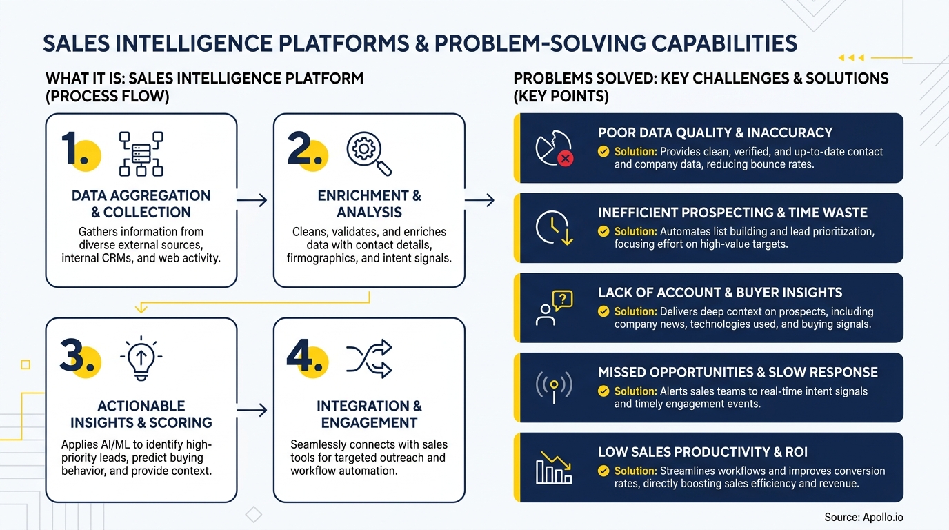 Infographic detailing a sales intelligence platform's four-step process and five key problems it solves.