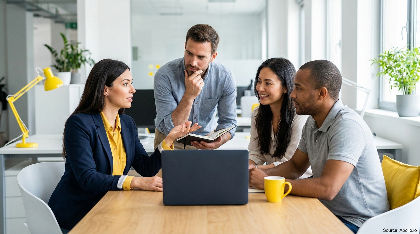 Four colleagues discuss business strategy at a modern office table with a laptop.