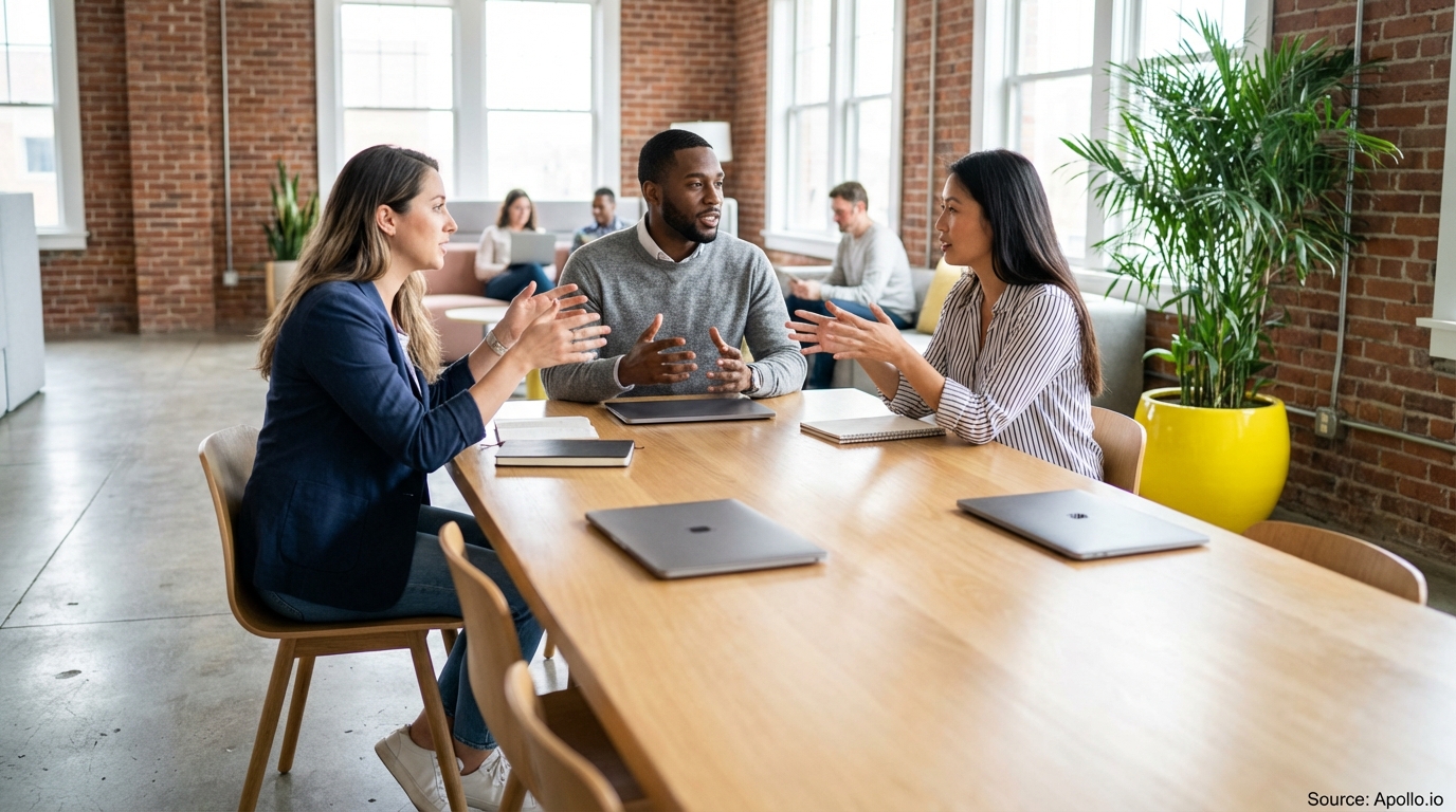 Three colleagues discuss strategy at a modern office table with laptops.