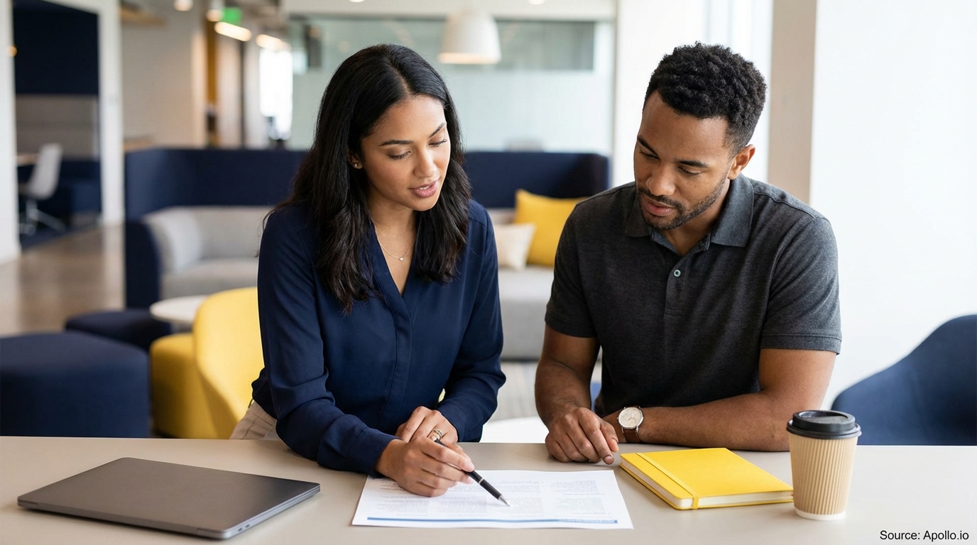 Two professionals review a document on a table in a modern office setting.