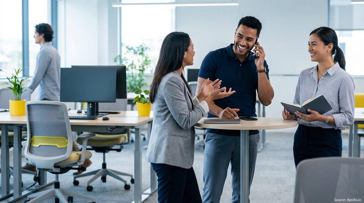 Three colleagues talk and laugh in a bright, modern open-plan office.