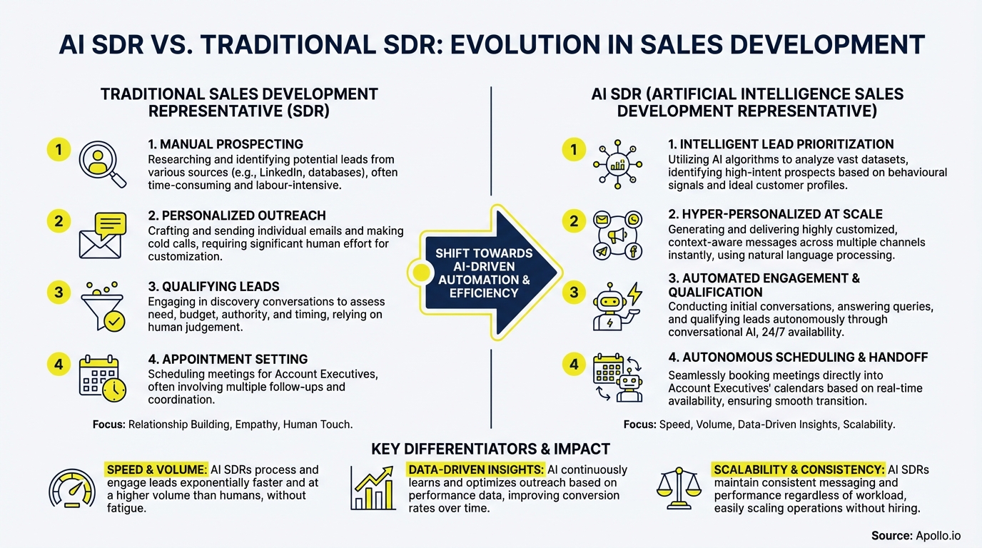 Infographic comparing traditional and AI Sales Development Representative processes, detailing key differentiators.