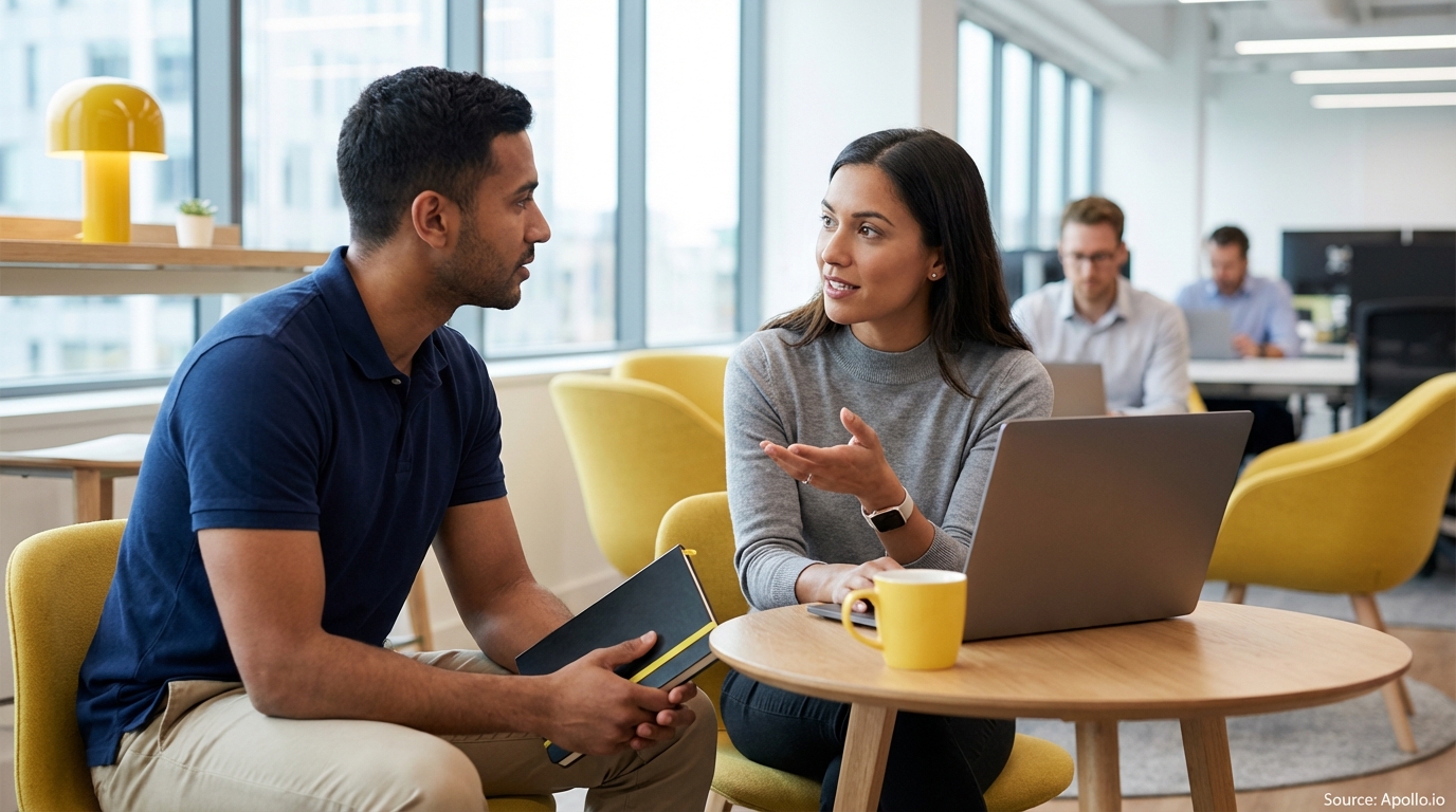 A woman gestures while talking to a man holding a notebook in a modern office space.