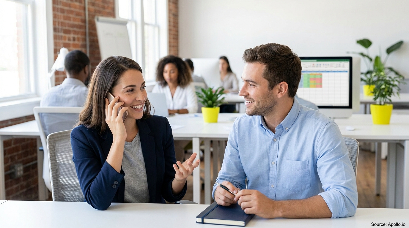 Two smiling professionals interact at a desk in an office, one talking on a phone.