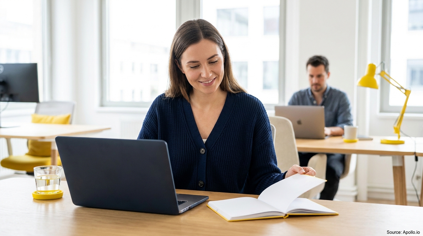 Woman smiling at a laptop and notebook, with a man working on a laptop in a bright office.