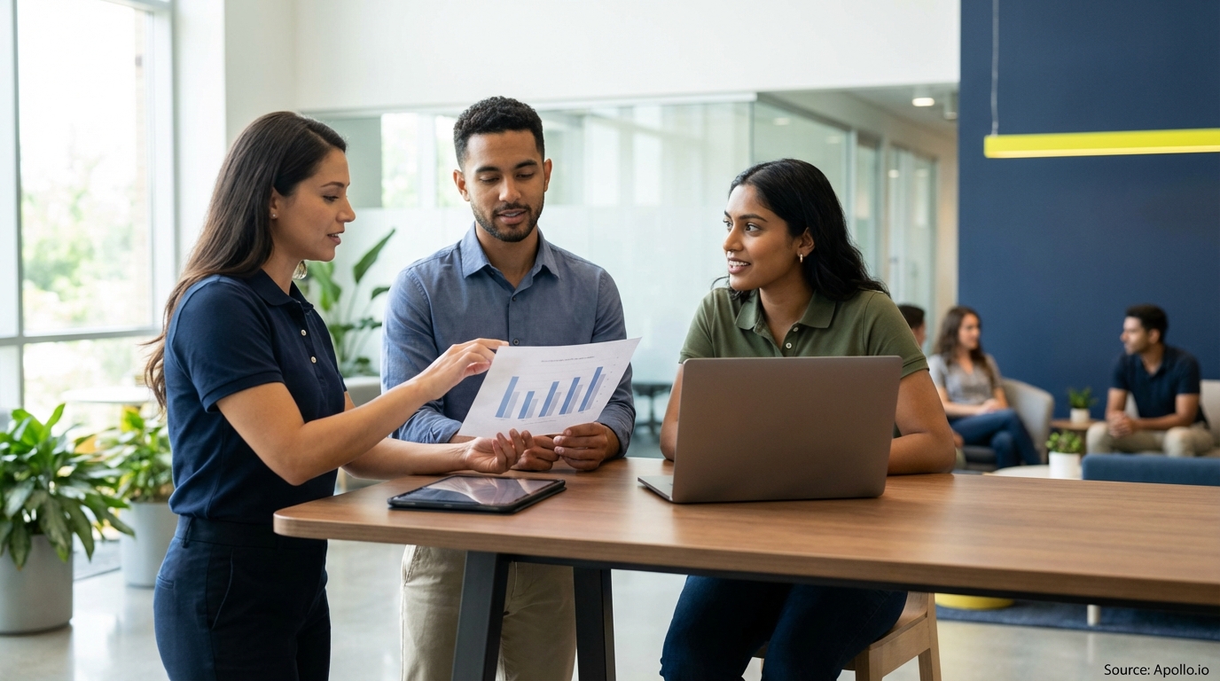 Three colleagues review a bar chart report during a meeting in a contemporary office.