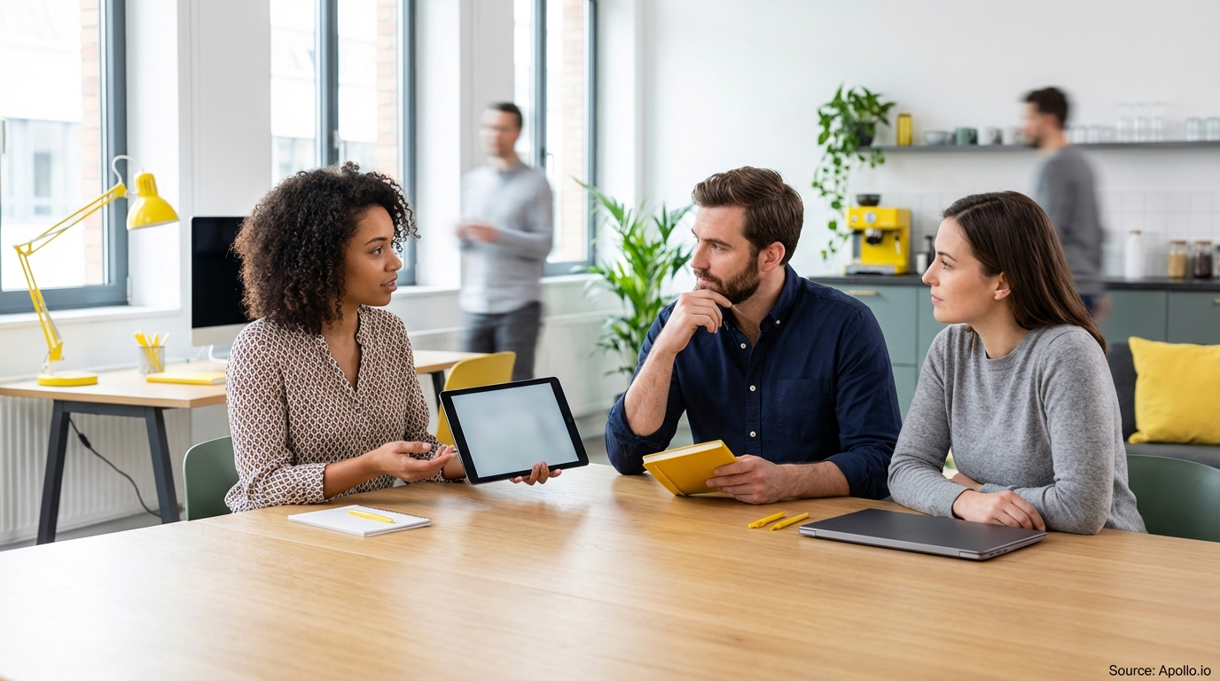 Three professionals review a tablet and notes at a modern office table.