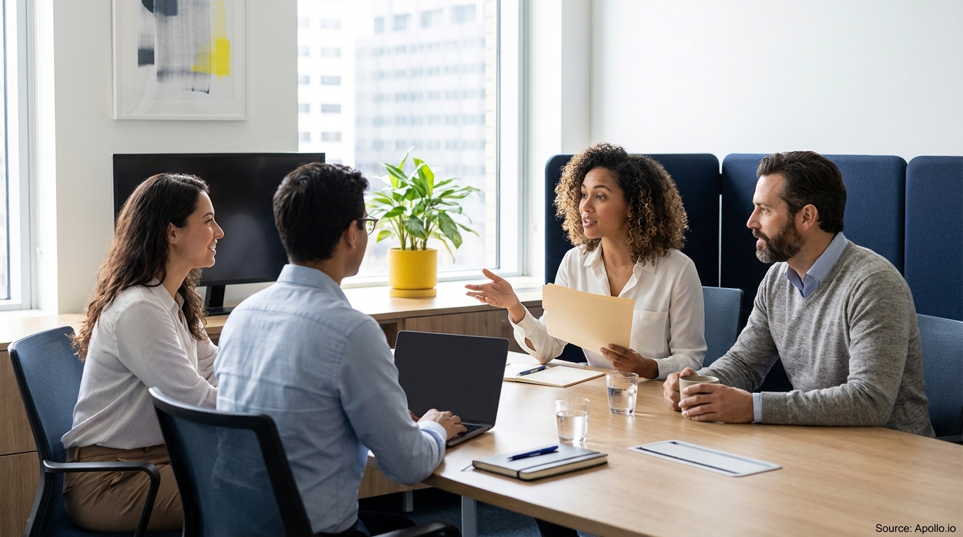 Four professionals discuss a document around a modern office table with a laptop and drinks.