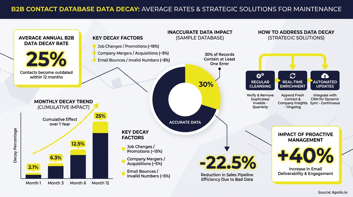 Infographic on B2B data decay, presenting a 25% annual rate, its business impact, and strategic solutions for database accuracy.