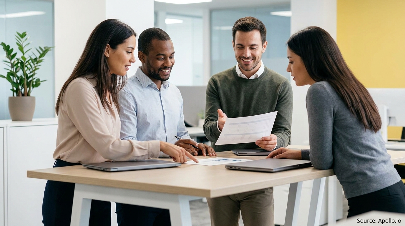 Four business professionals discuss documents and laptops at a modern office table.