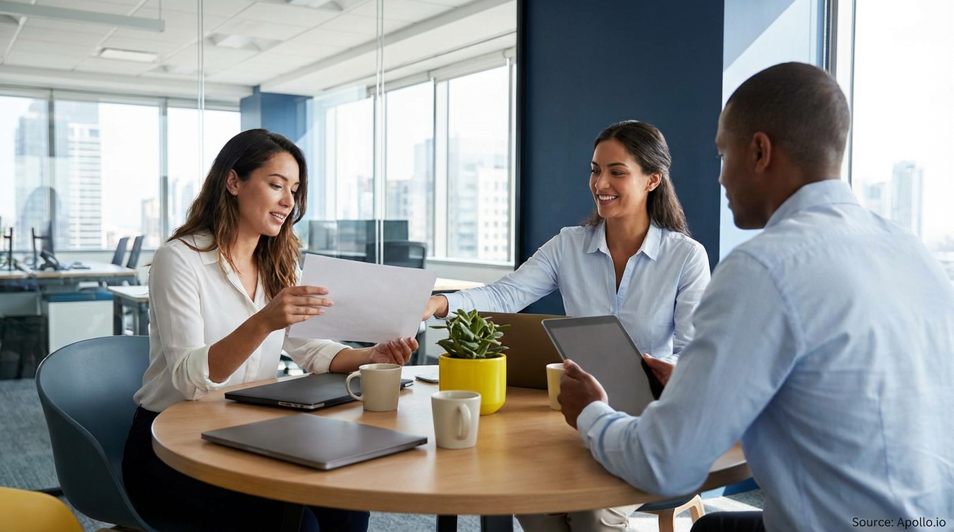 Three professionals discuss documents and technology at a modern office table.