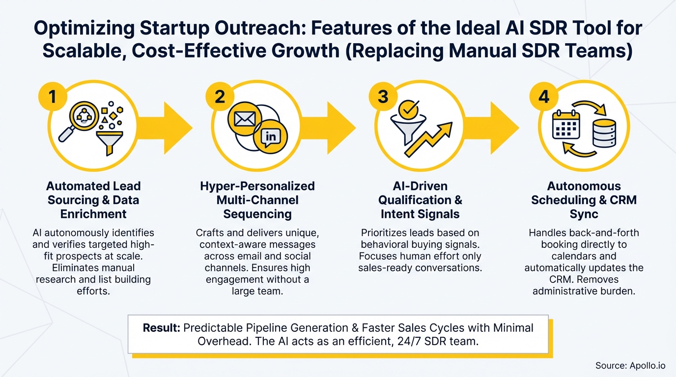 A four-step diagram illustrates an AI SDR process with various icons and descriptions.
