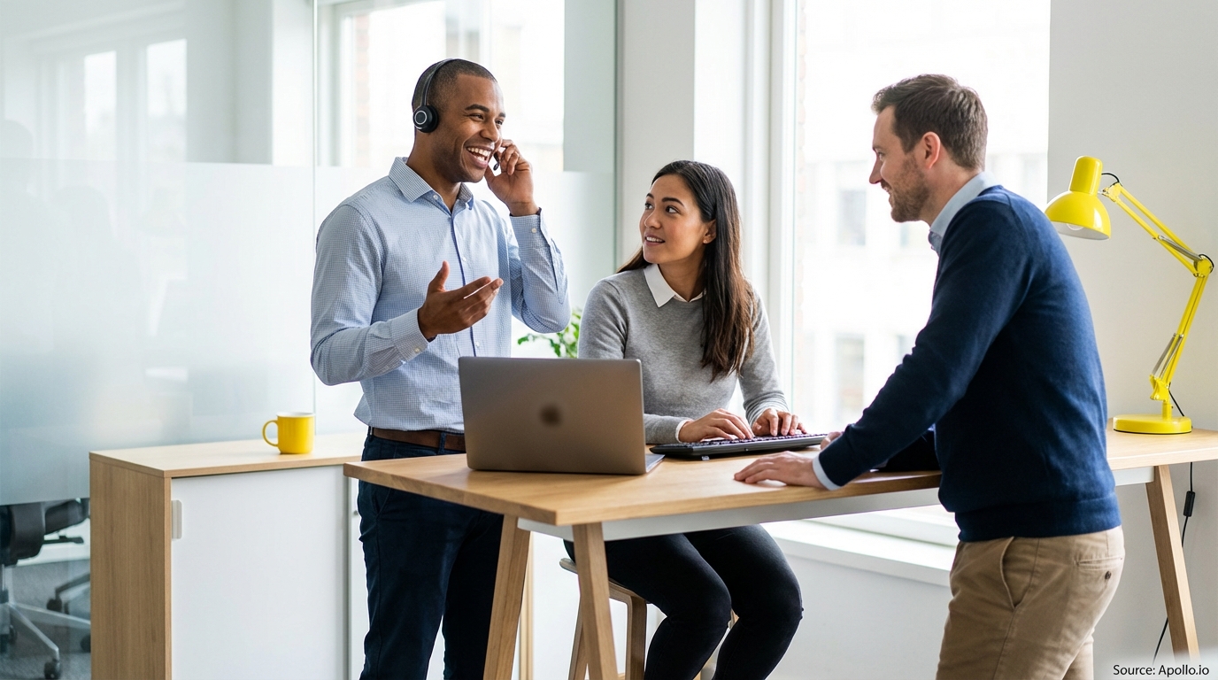 Three colleagues collaborate in a bright modern office; one talks on a headset, one types, one listens.