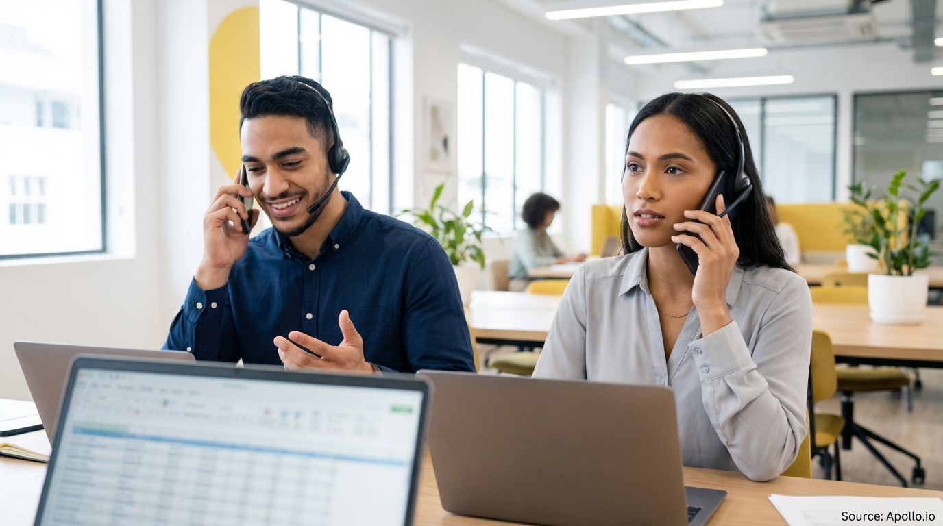 Two people with headsets talking on phones at laptops in a modern office.