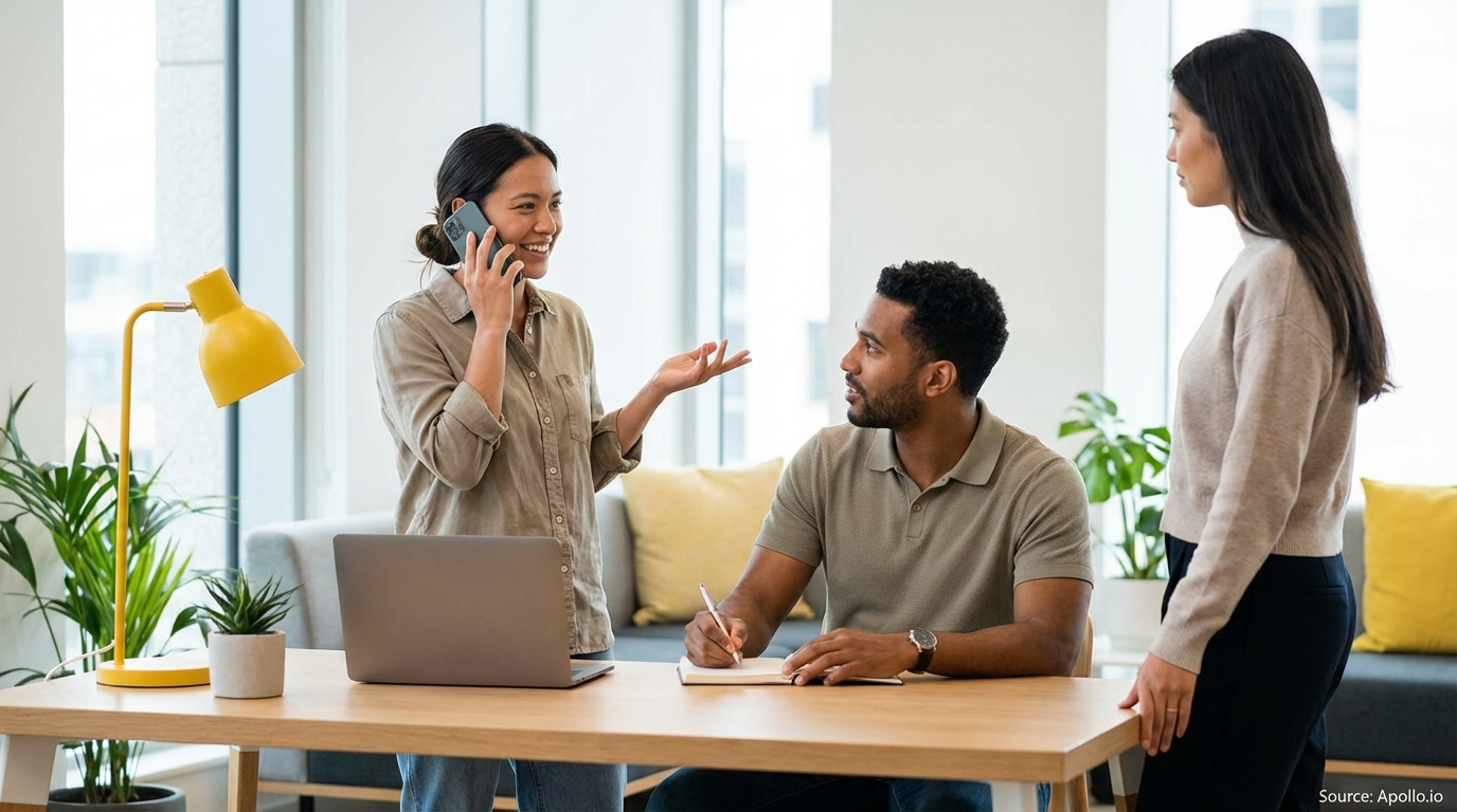 A woman on a phone call, a man writing, and another woman standing in a bright office.