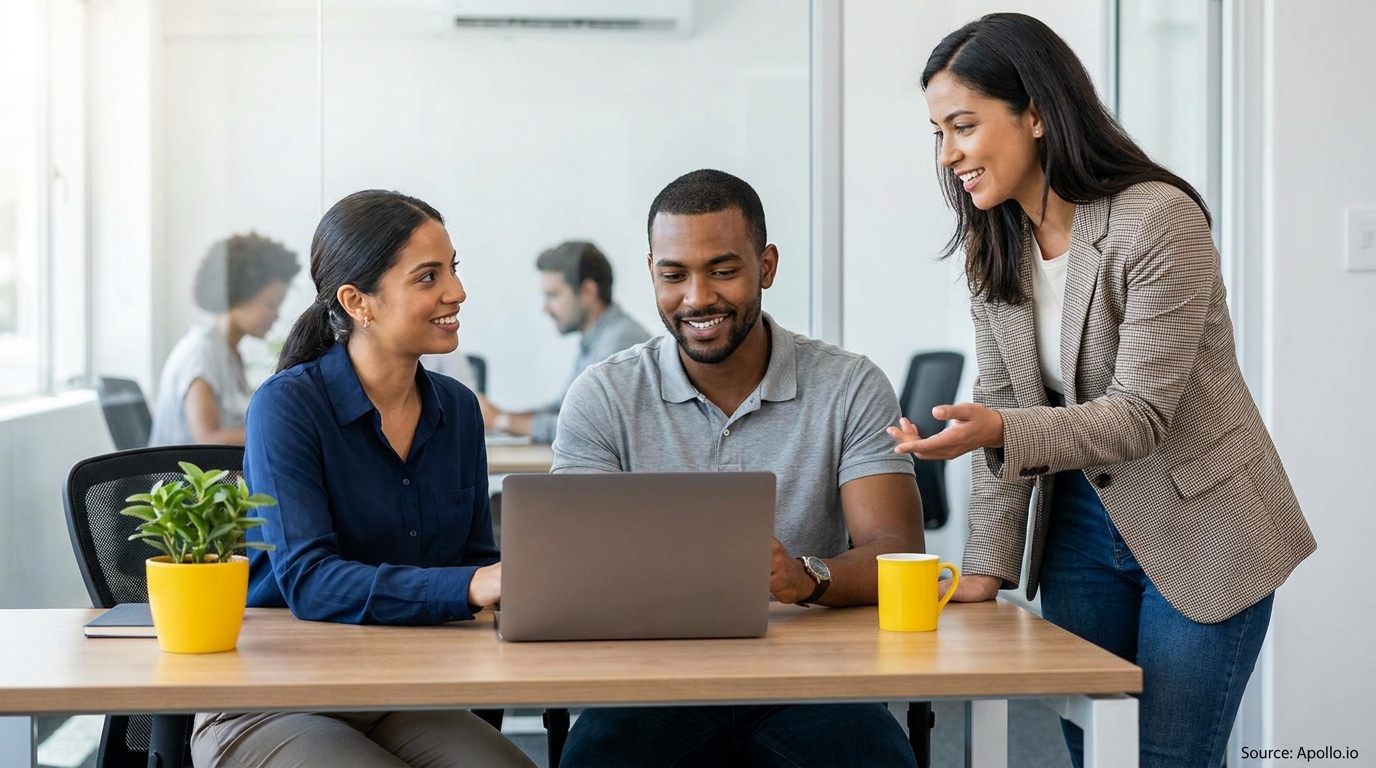 Three colleagues collaborate around a laptop at a bright office desk.