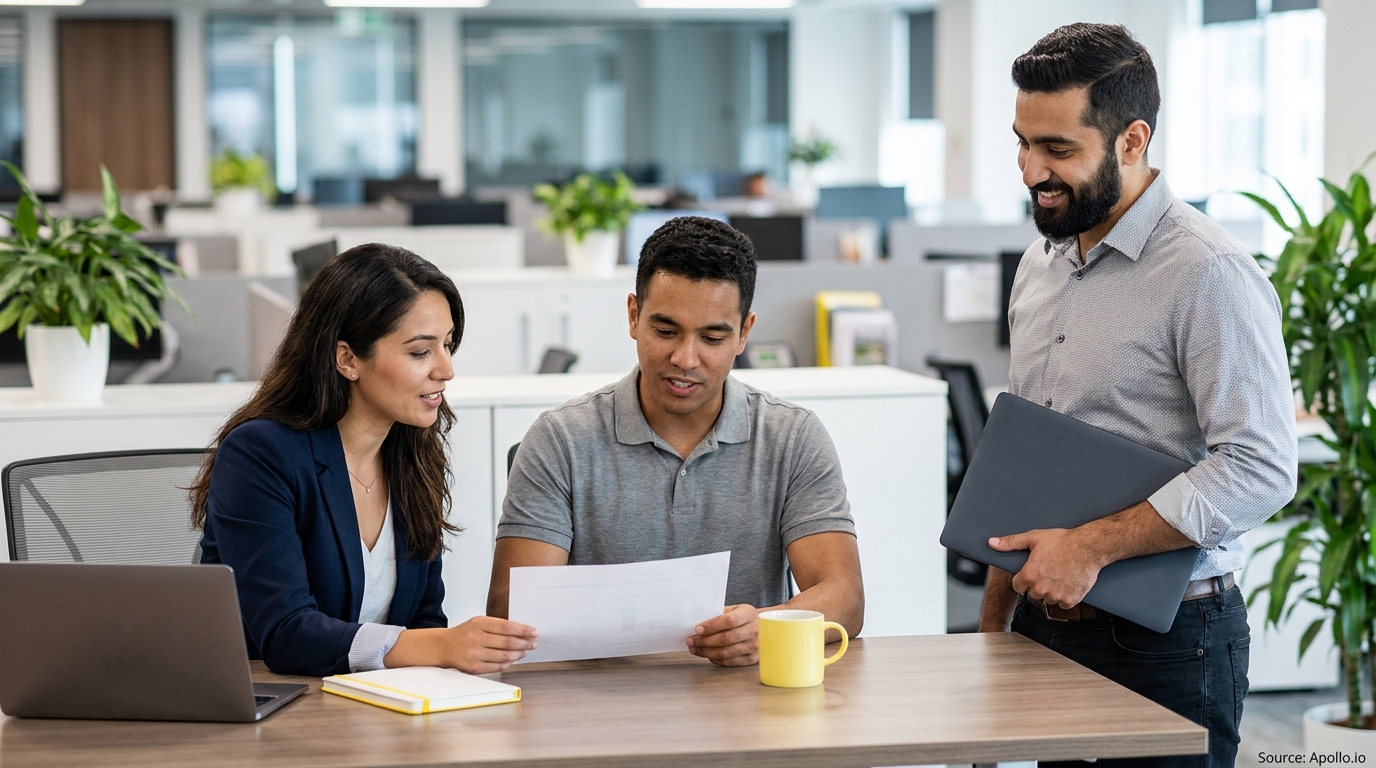 Three colleagues discuss a document at a bright, modern office workspace.