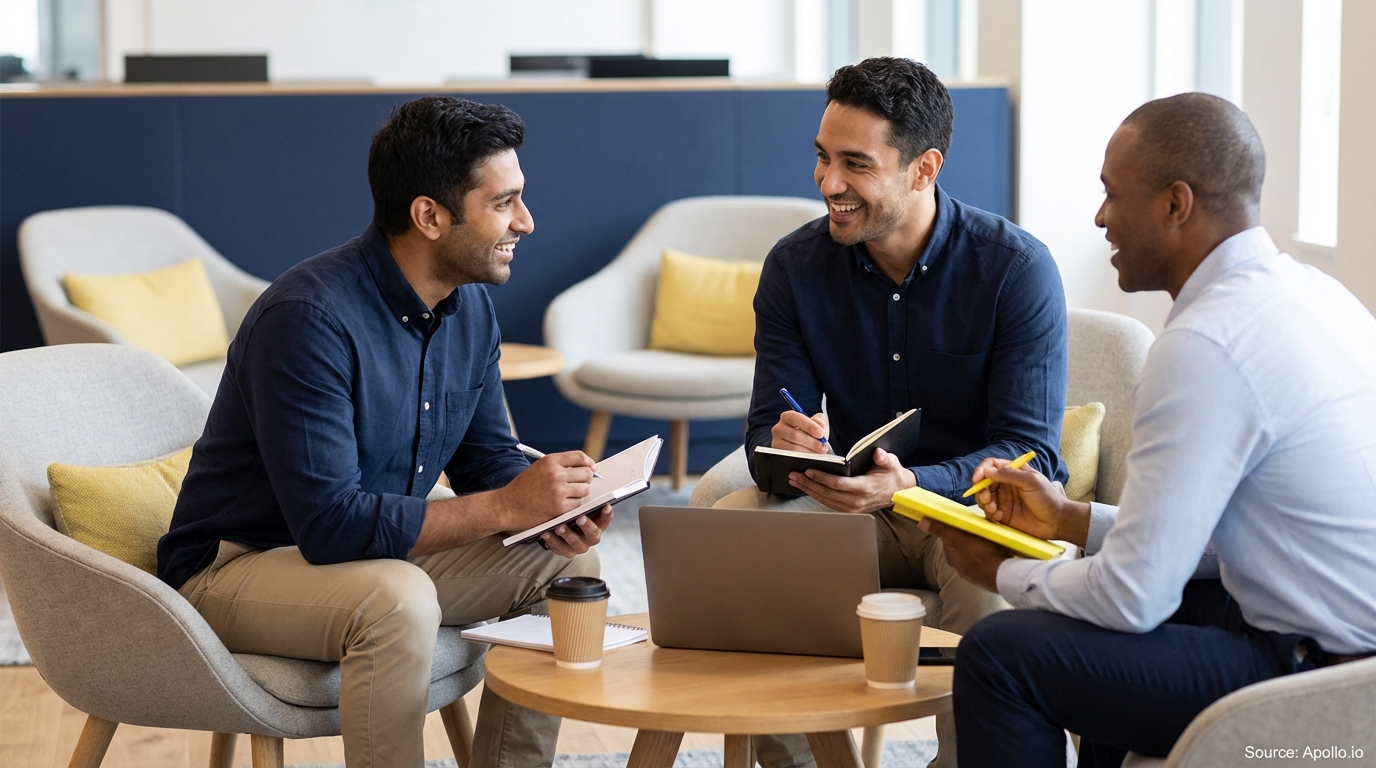 Three male professionals discuss strategy and take notes in a modern office lounge.