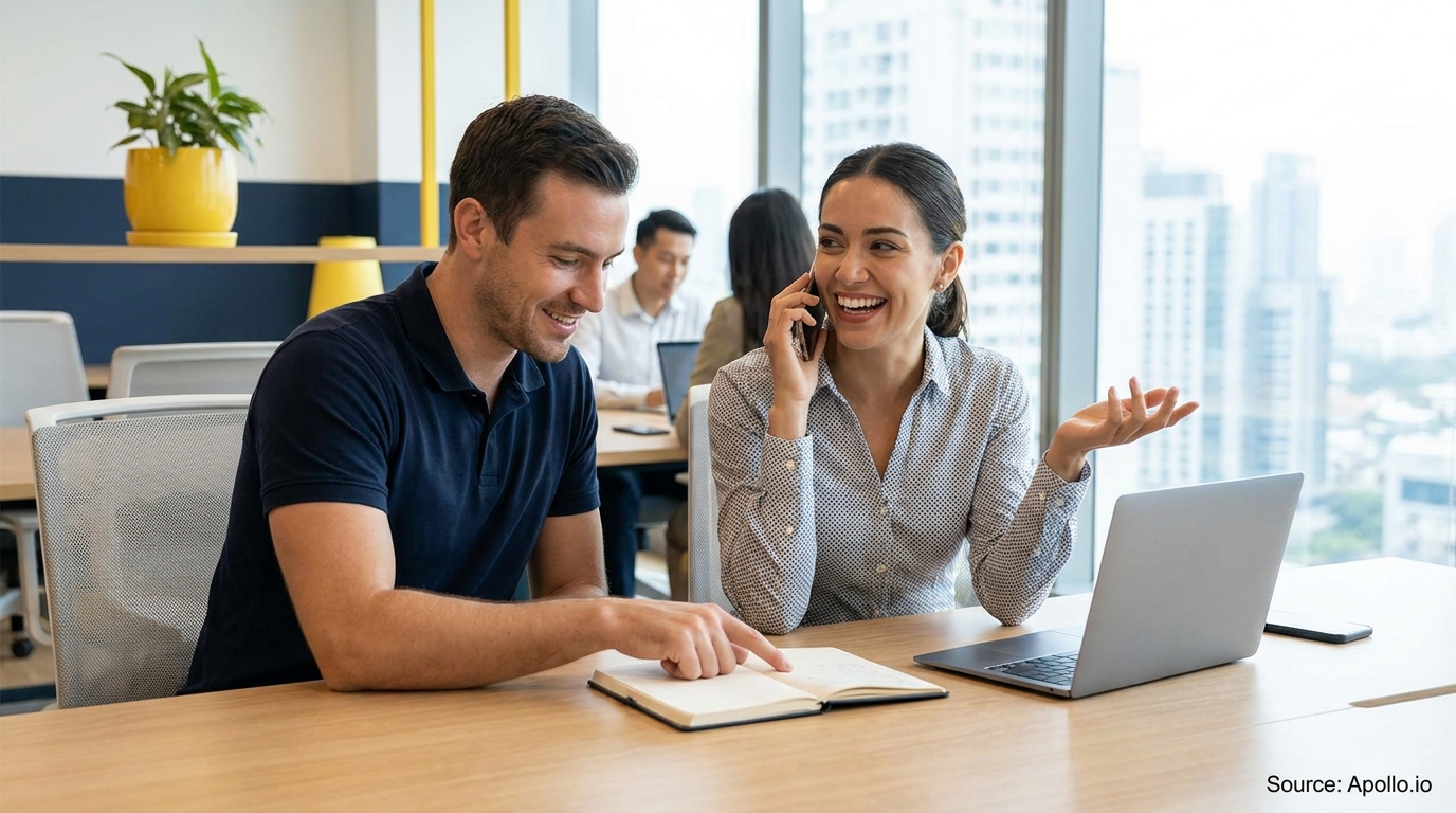Smiling man points at a notebook as woman laughs on phone at an office table.