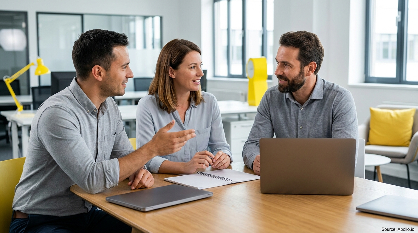 Three smiling professionals discussing at a modern office table with laptops.