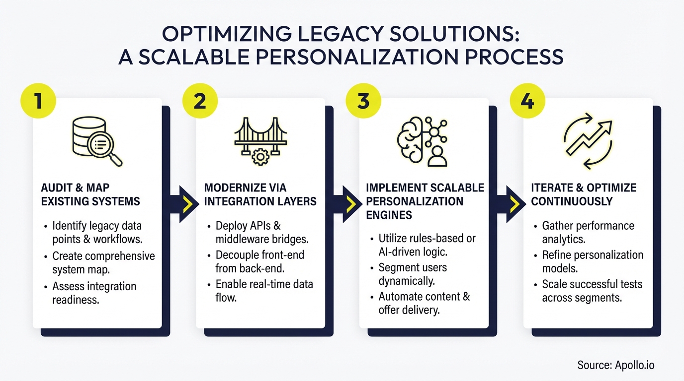 A four-step process diagram with database, bridge, brain, and cyclic arrow icons.