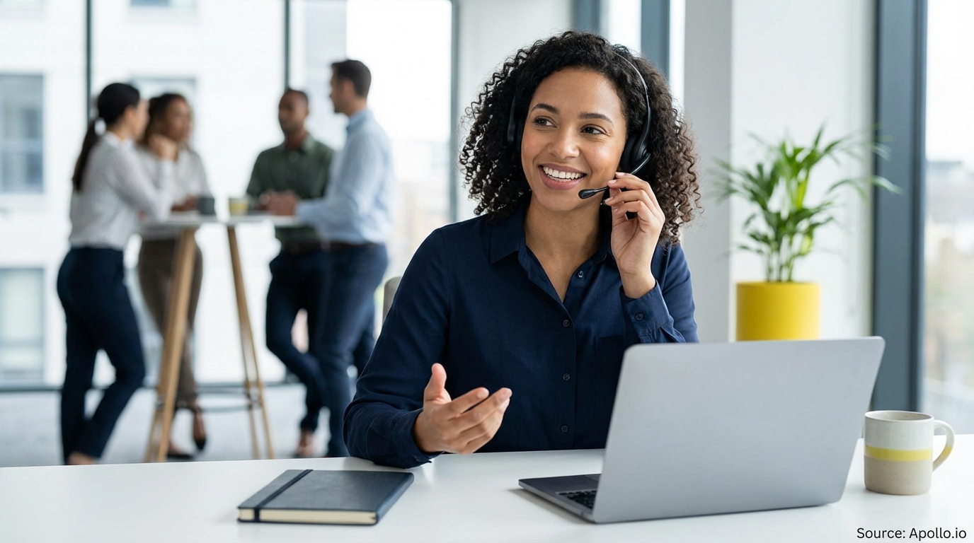 A woman with a headset works at a desk while colleagues chat in a modern office.