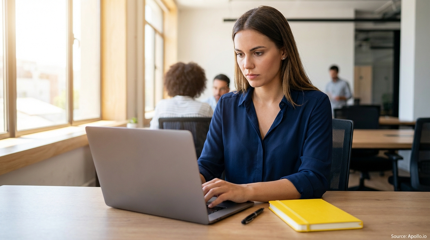 Four people work in a bright, modern office, with one woman focused on her laptop.