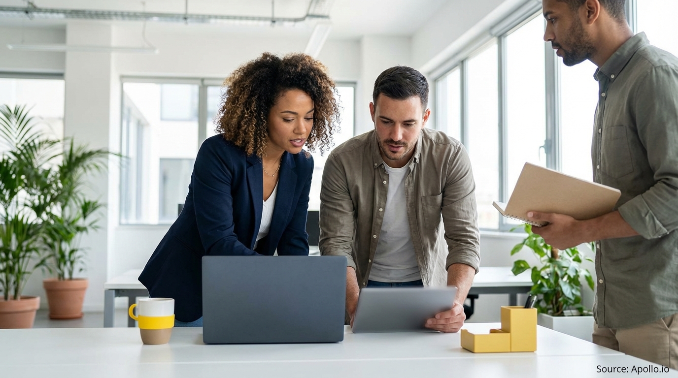 Three professionals discuss work on a laptop and tablet in a modern office.