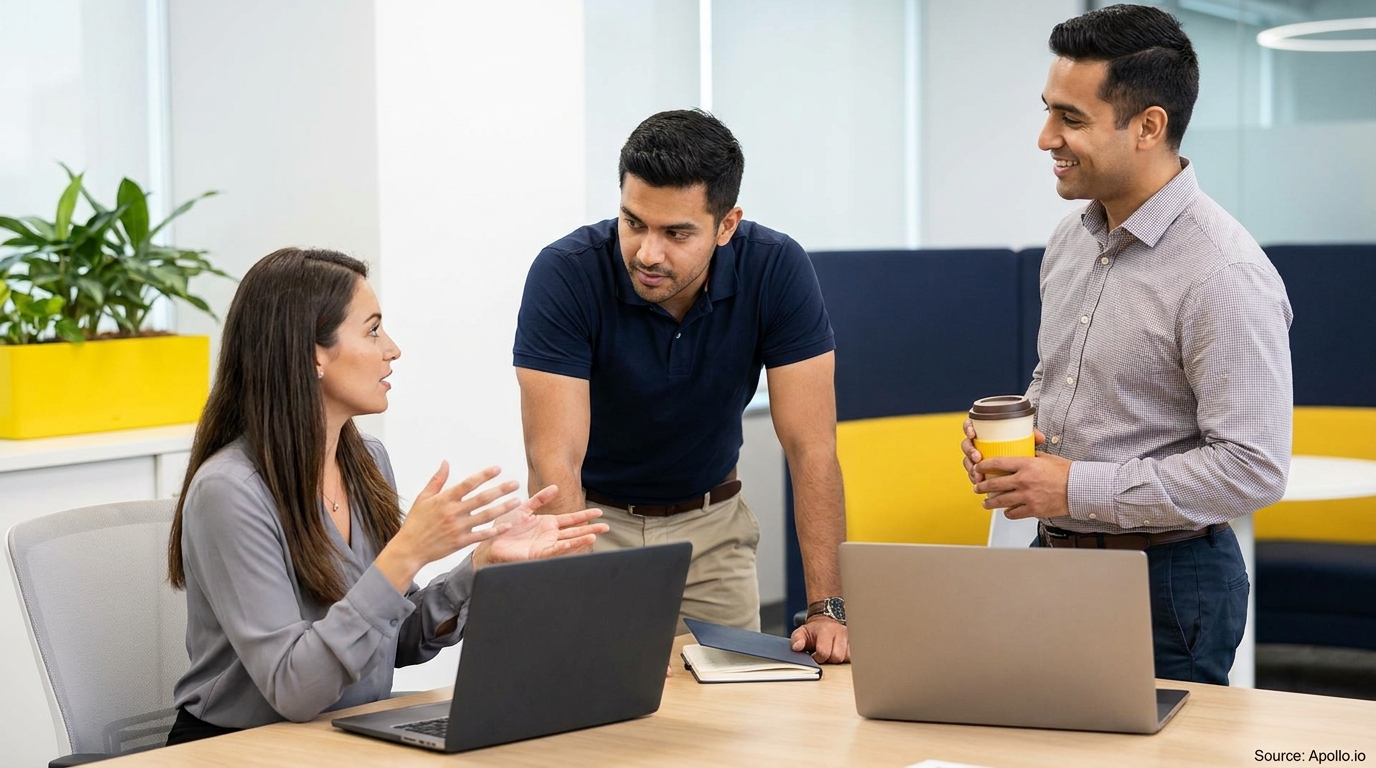 Three coworkers collaborate with laptops in a bright, modern office.