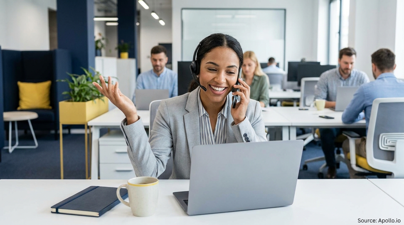 A smiling woman with a headset talks on the phone in a busy office.