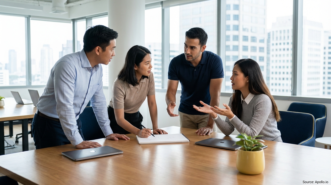 Four diverse professionals discuss and take notes at a modern office table.
