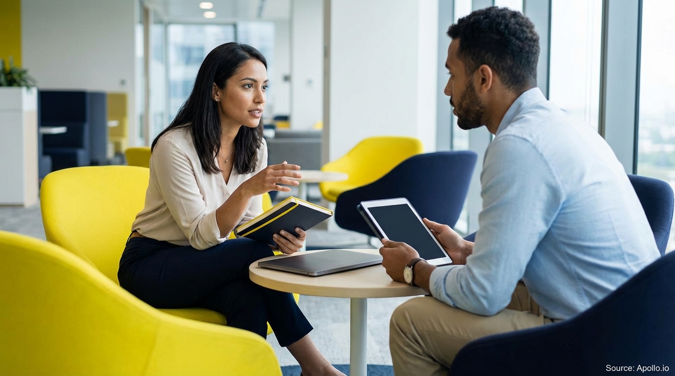 Two professionals discussing in a modern office lounge, one with a notebook and the other a tablet.