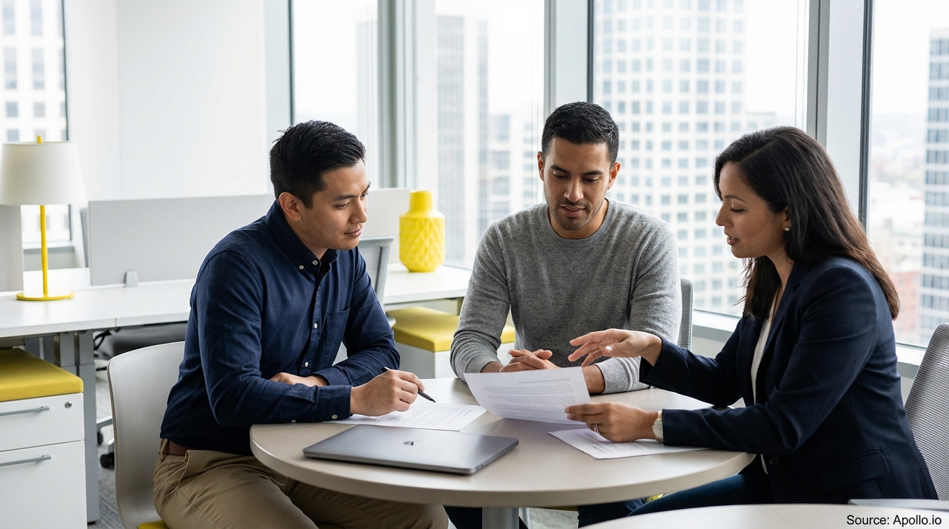 Three professionals discussing documents at a table in a bright office.