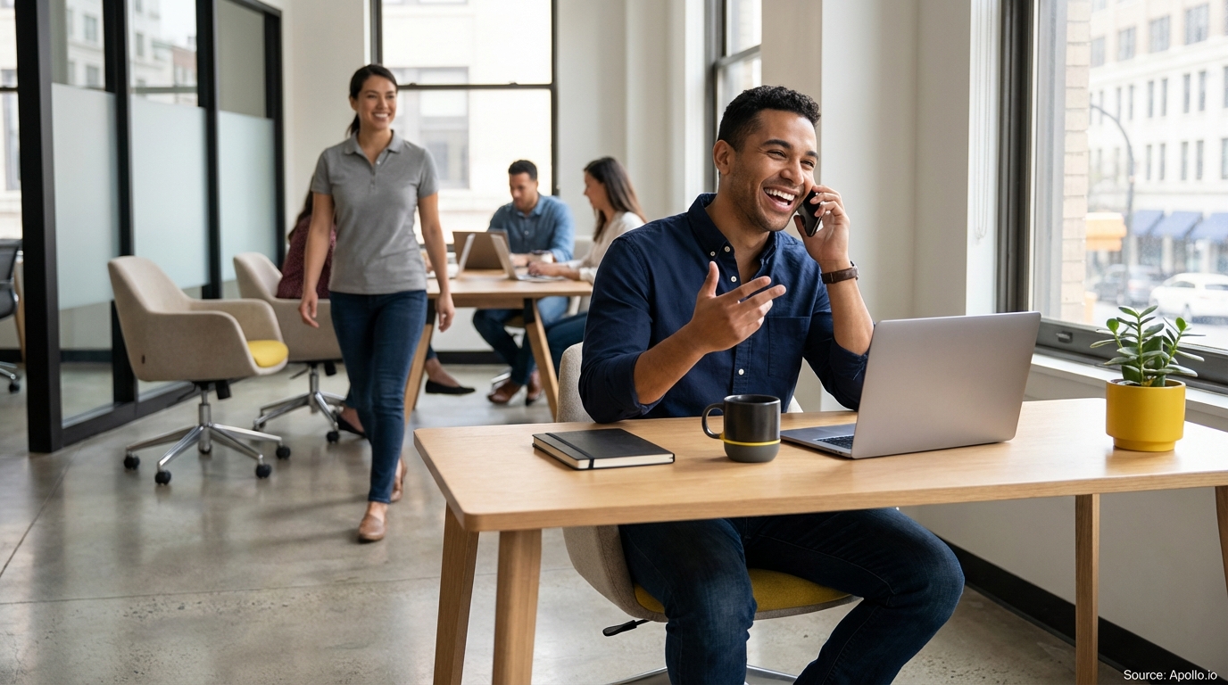 Five professionals working in a bright, modern office, with one man laughing on his phone.