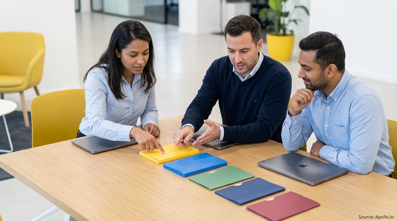 A woman and two men discuss colorful presentation folders at a modern office table.