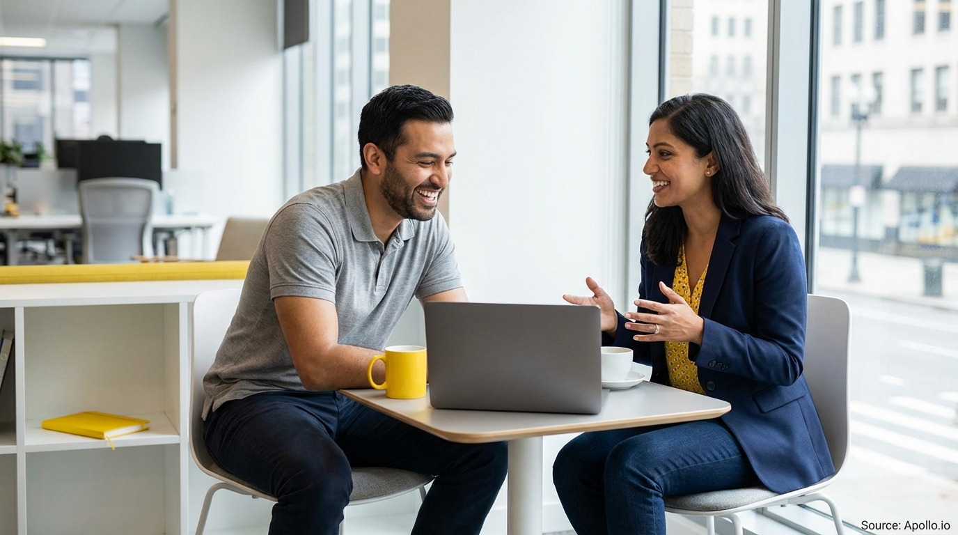 Two professionals smiling and talking while looking at a laptop in an office.