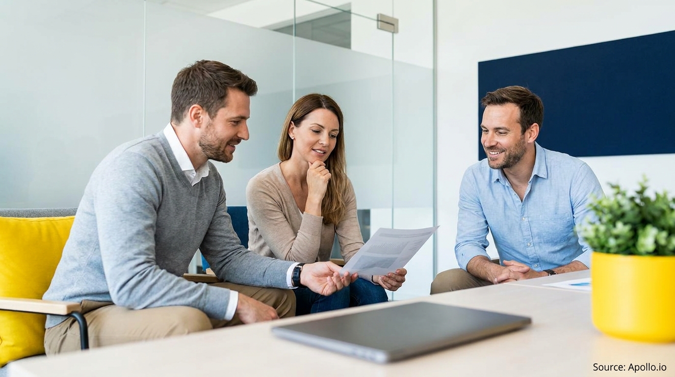 Three smiling professionals discuss documents in a modern office setting.