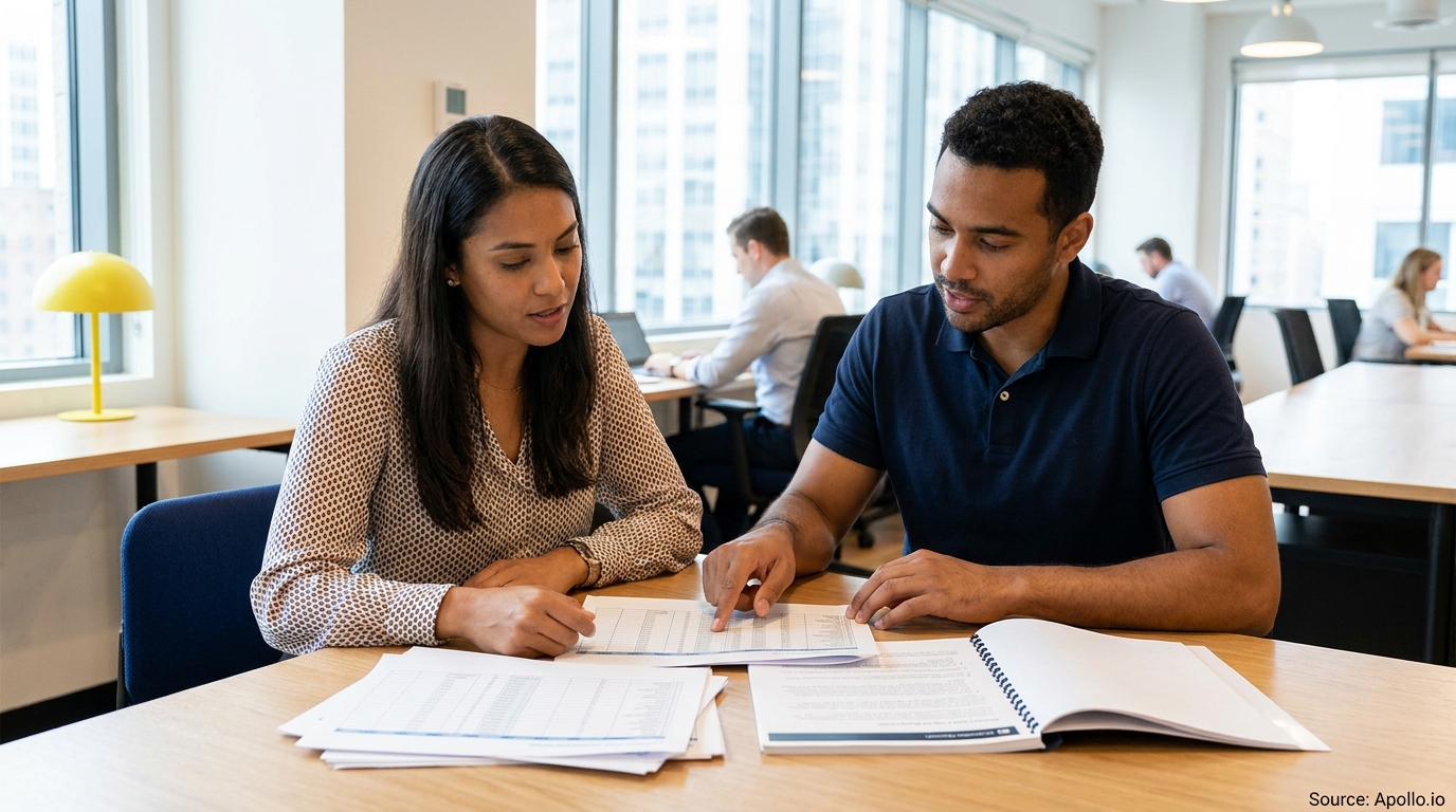 Two colleagues discuss documents at a table in a bright, modern office.
