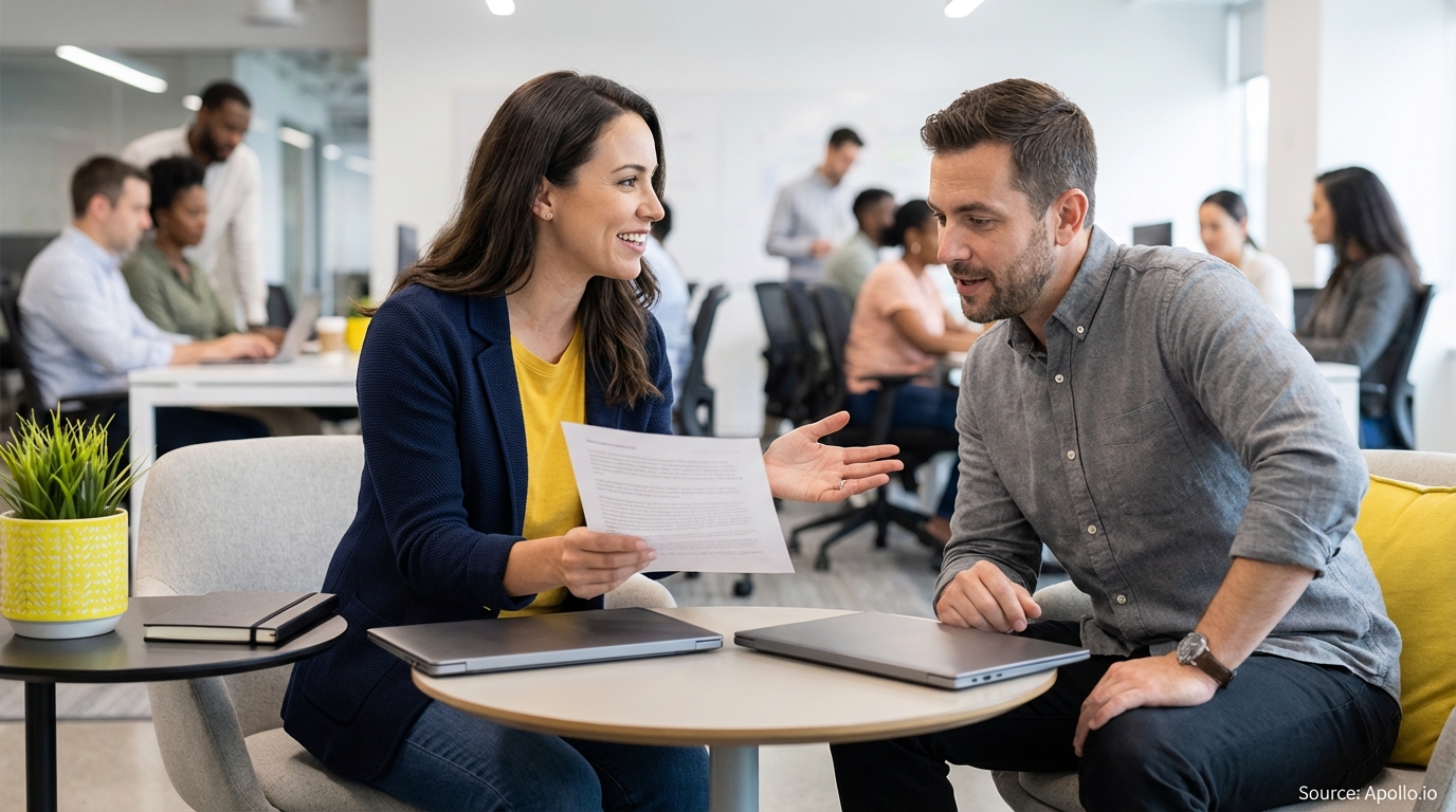 Two professionals discuss documents at a small table, while others work in a bright, modern office.