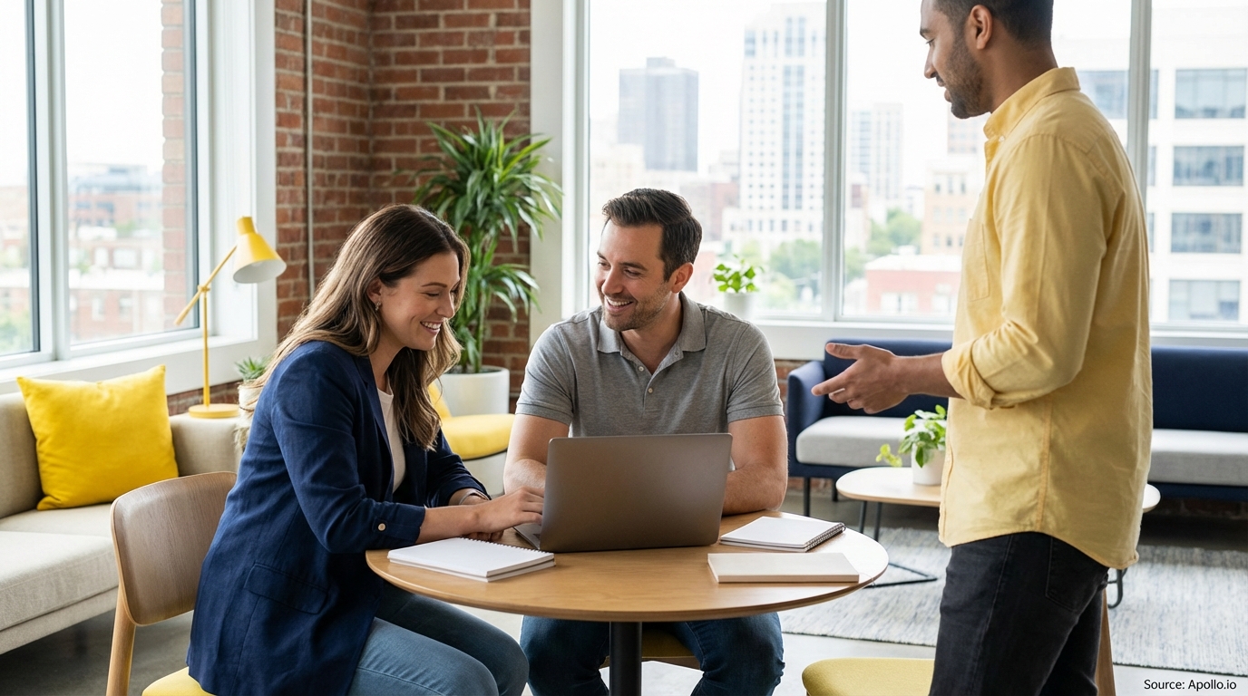 Three professionals in a modern office, two seated with a laptop, one standing and gesturing.