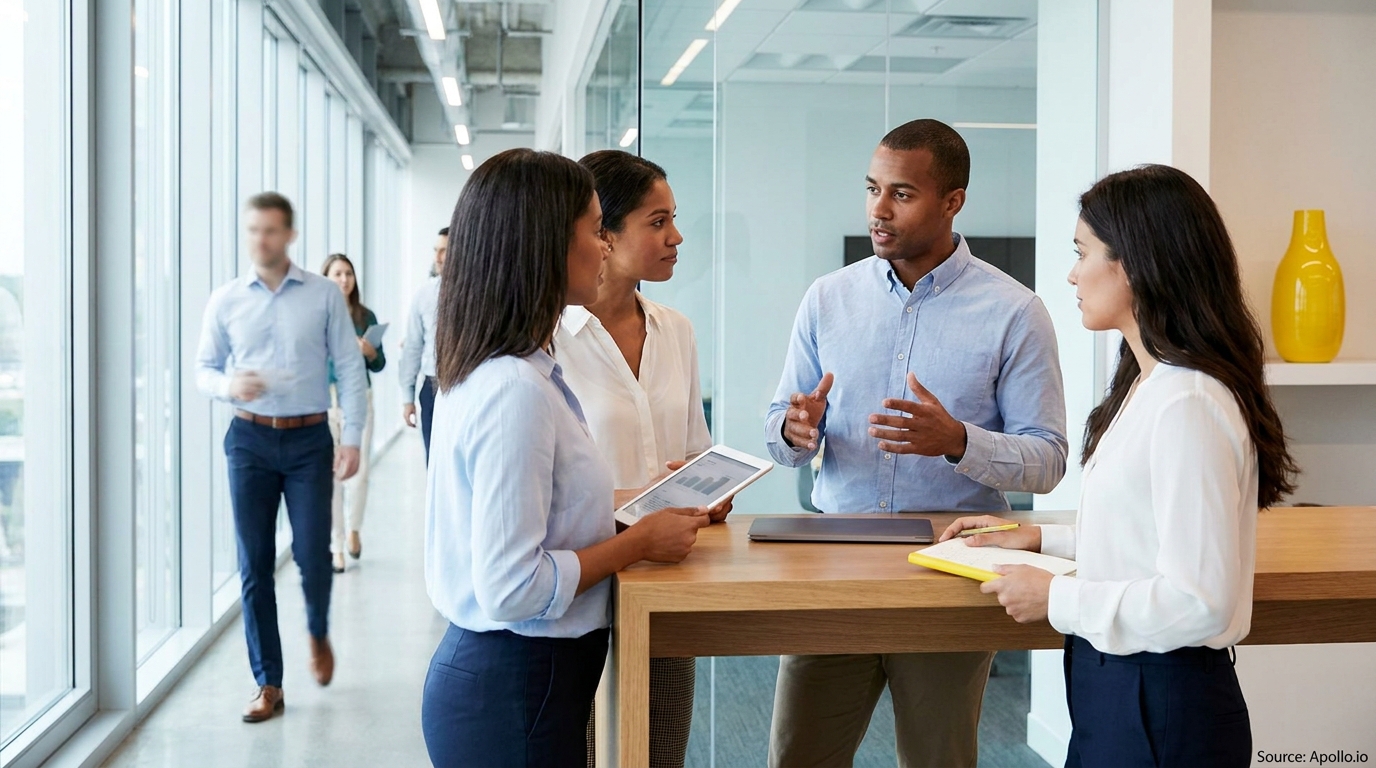 Four professionals discuss at a standing desk, three others walk in a modern office.